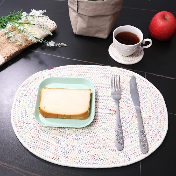 Set of 4 Oval Woven Placemats, Cotton Plate Chargers with 4 Pack Round Coasters, Thick Heat Insulation Household Table Mats Braided Bowl Mats Placemats Fabric Rustic Tablemats for Dining Table