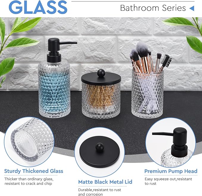 Bathroom Accessory Set,4 Pcs Clear Glass Bathroom Accessories Set-Lotion Soap Dispenser,Toothbrush Holder,Qtip Holder Dispenser & Resin Vanity Tray,Countertop Vanity Organizer,Crystal Clear
