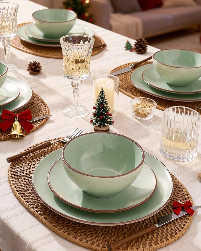Famiware Venus Plates and Bowls Sets, 12 Pieces Stoneware Speckled Dinnerware Sets, Dishes Set for 4, Microwave and Dishwasher Safe, Matte Light Green