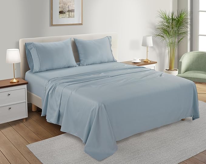 100% Organic Cotton Sheets King Size, 4 Piece Breathable Bed Sheet Set, 15" Deep Pocket King Sheets Cotton, Solid Sateen Weave Luxury Hotel Collection, No Pill & Shrink- Light Blue