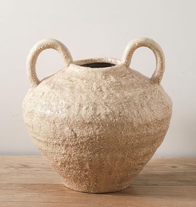 Ceramic Flower Vase, Large Farmhouse Vases Home Decor, Handmade Rustic Vase with Handles, Decorative Flower Vase for Home Entryway Living Room Dining Table Farmhouse Office Decor(8.6inch)