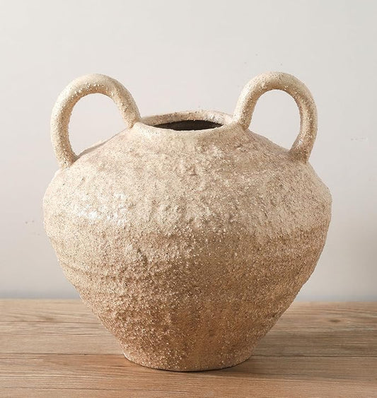 Ceramic Flower Vase, Large Farmhouse Vases Home Decor, Handmade Rustic Vase with Handles, Decorative Flower Vase for Home Entryway Living Room Dining Table Farmhouse Office Decor(8.6inch)