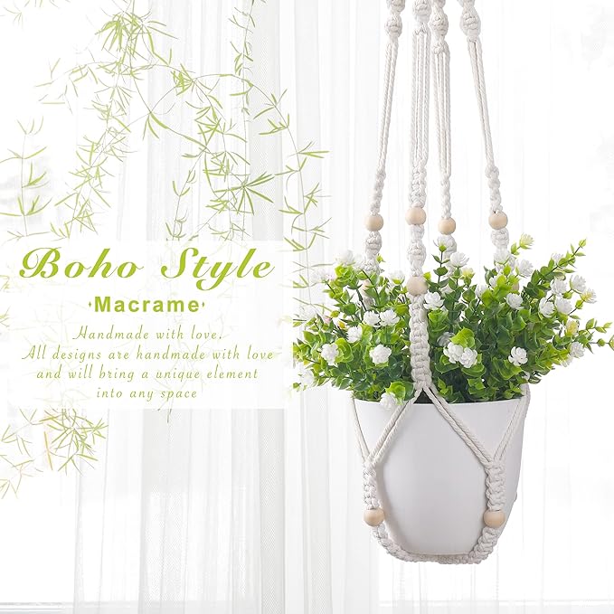 YIBOT Macrame Plant Hanger Indoor Outdoor, Up to 4-15 inch Pot, Heavy 20lb Planters, Extra Long Strong Hanging Planter Basket, Boho Home Decor, 35 Inch, Ivory, Set of 2 (POTS NOT Included)