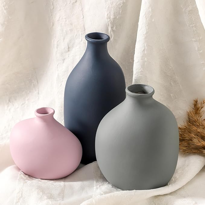 Ceramic Vase Set of 3,Decorative Vases Home Decor, Modern Boho Rustic Farmhouse Pottery Vases for Pampas Grass Dried Fresh Flowers,Bedroom,Living Room,Bookshelf, Mantel，Centerpiece Table Decor
