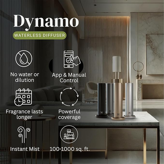 Dynamo Hotel Scent Diffuser – Cold-Air Essential Oil Diffuser for Home & Large Rooms up to 1000 sq ft, App & Manual Control, Hypoallergenic, Includes White Tea Fragrance Sample – Silver