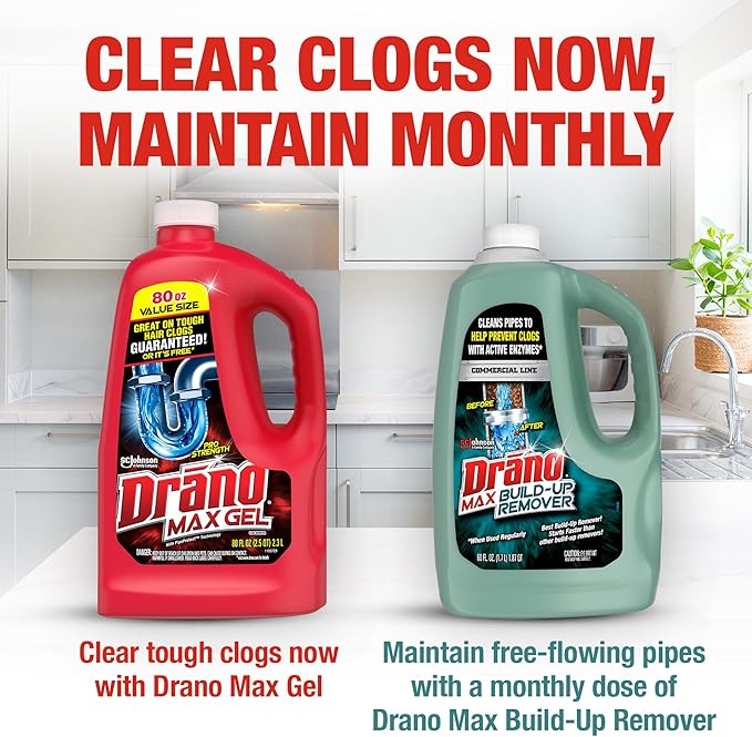 Drano Max Gel Drain Clog Remover and Cleaner for Shower or Sink Drains, Unclogs and Removes Hair, Soap Scum and Blockages, 80 Oz