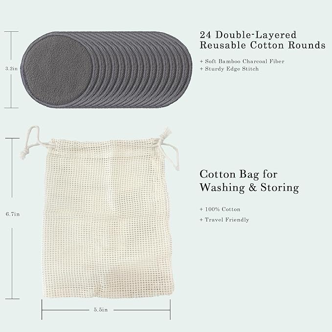 24 Packs Reusable Cotton Rounds - Washable Bamboo Charcoal Makeup Remover Pads, Soft Reusable Face Pads for All Skin Types & Cleansing with Cotton Bag, No Waste