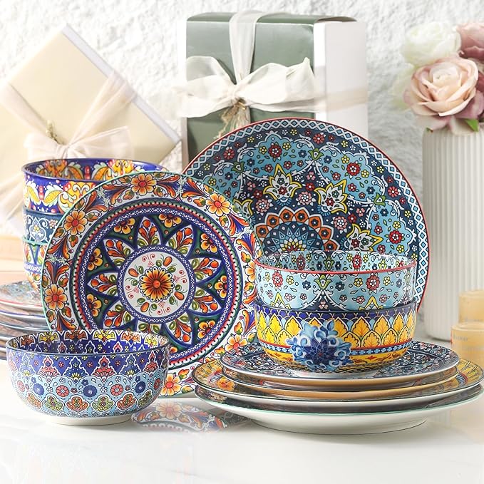 HASENSE 18 Pieces Kitchen Dinnerware Sets Service for 6, Bohemian Style Plates and Bowls Set, Ceramic Vintage Tableware Dishes Set, Scratch Resistant Microwave and Dishwasher Safe, Assorted Color