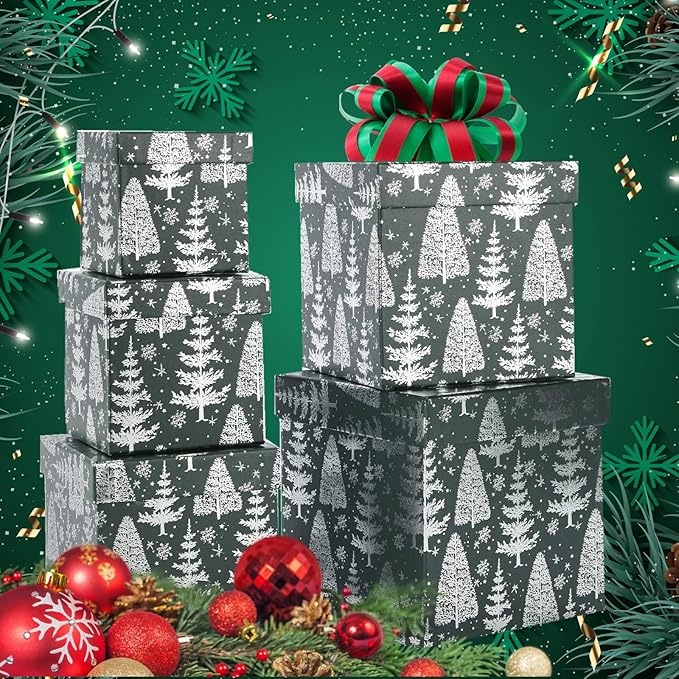 UNIQOOO 5Pcs Green Christmas Gift Box Set with Lid, Assorted Size, Square Silver Xmas Tree Nested Paper Keepsake Boxes, Card Box Tower Organizer Decor, Holiday, Thanksgiving, Party Gift Wrap Packaging