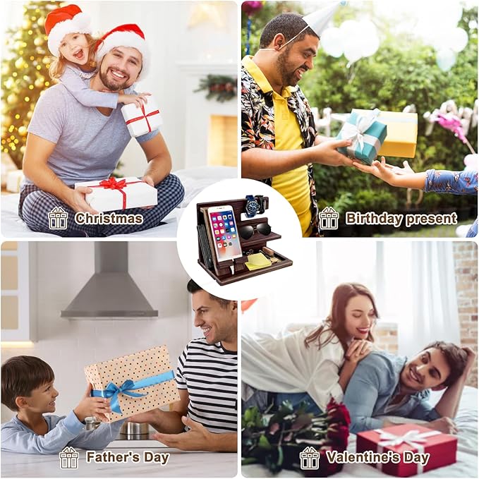 Gifts for Men Christmas, Wood Phone Docking Station, Mens Gifts for Birthday or Gifts for Dad Fathers Day, Desk Workspace Organizer Nightstand Organizer Key for Wallet & Watch Holder Husband Christmas