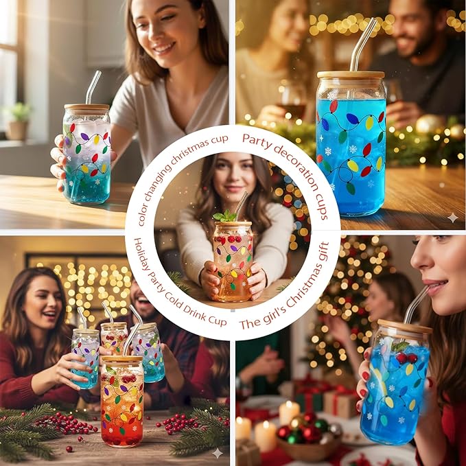 CHRISTMAS CUP WITH LID AND STRAPS 18 OZ Color Changing Christmas Lights for Party Glass Christmas Cups
