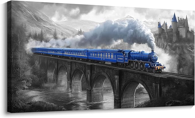 JEAWA Large Canvas Wall Art - Blue White Gray Landscape Painting Decor, Picture with Castle Bridge Train, Modern Art Prints for Living Room Bedroom Home Decoration, 29x58 IN