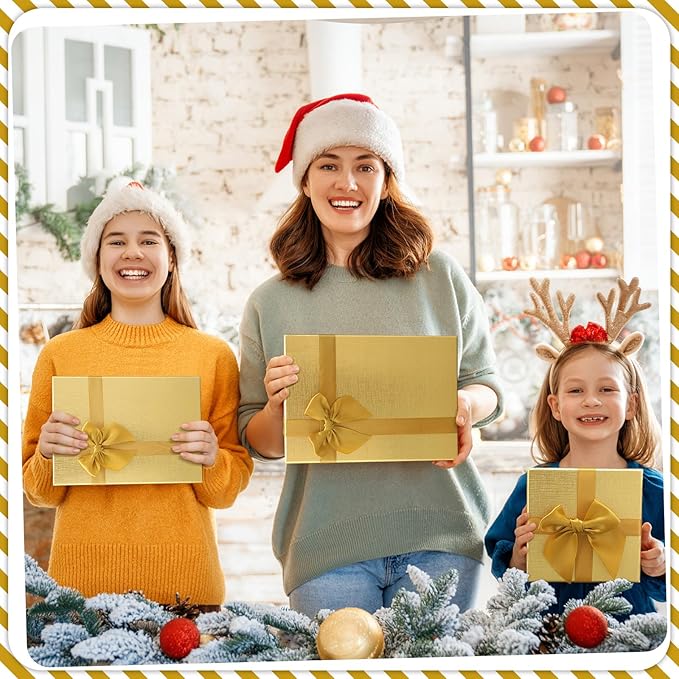 Tenceur 10 Pcs Gift Boxes with Lids Heavy Duty Nested Assorted Sizes Cardboard Gift Boxes for Presents with Ribbon for Xmas Holiday Present(Gold,5 Size)