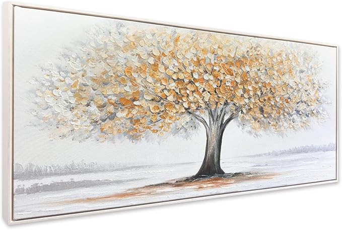 White Tree of Life Canvas Wall Art, Modern Abstract Textured Painting, Large Framed Panoramic Landscape Artwork for Living Room, Bedroom, Office, Home Decor 60"x30"