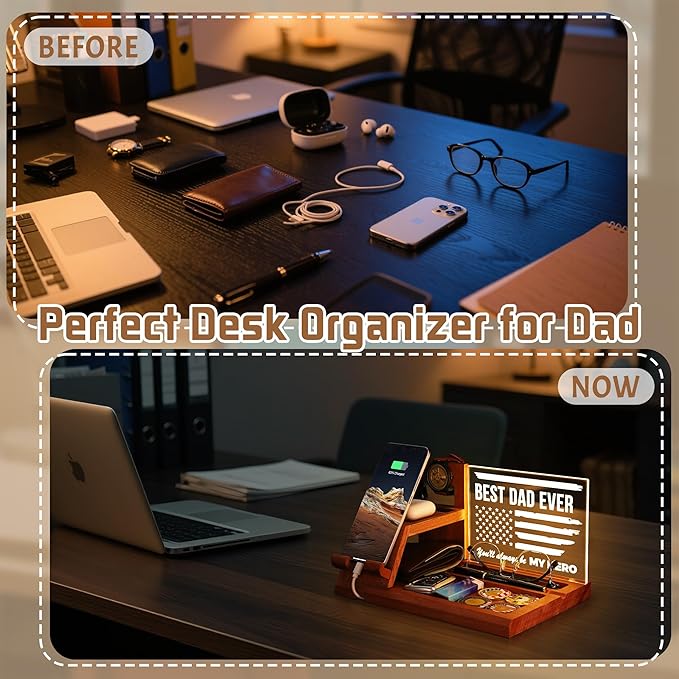 Attivolife Gifts for Dad Men Husband, LED Phone Docking Station Desk Organizer, Cell Phone Stand with Night Light, Best Dad Ever Gift for Father's Day, Key Holder, Stand for Wallet Watch Essentials