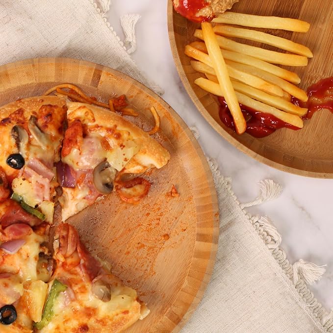 Bamboo Wooden Dinner Plates Set of 2, 10 inch Decorative Serving Tray for Coffee Table and Home Decor, Round Serving Platters and Trays for Pasta/Fruit/Charcuterie, Reusable Charger Plates