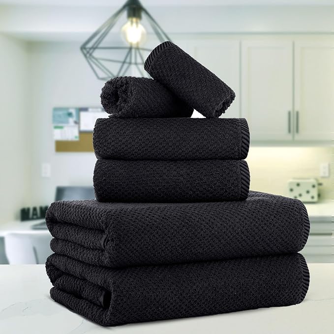 CASA COPENHAGEN Popcorn 6 Pieces Towel Set- Black, 600 GSM 2 Bath Towel 2 Hand Towel 2 Washcloth, Designed in Denmark Made of Soft Egyptian Cotton for Bathroom, Kitchen & Shower