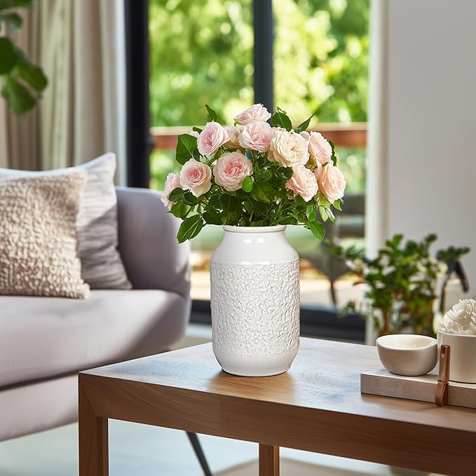 White Ceramic Vase, Minimalist White Vases for Flowers, Modern Decorative Vase for Home Decor, Centerpiece Wedding Dining Living Room Kitchen Decor 9 inch