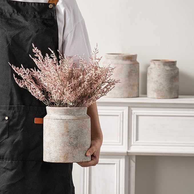 Ceramic Flower Vase 7.5 inch Farmhouse Rustic Vase for Home Decor Handcrafted Pottery Terracotta Vases for Dining Table Decor Fireplace Living Room Bathroom Wedding Centerpiece (L-Terracotta)