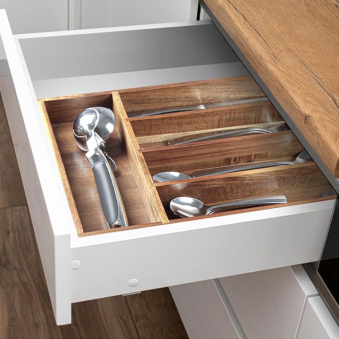 Acacia Wood Silverware Organizer, Kitchen Utensil Drawer Organizer for Forks, Knives & Spoons, 5-Compartment Cutlery Tray, Flatware Holder