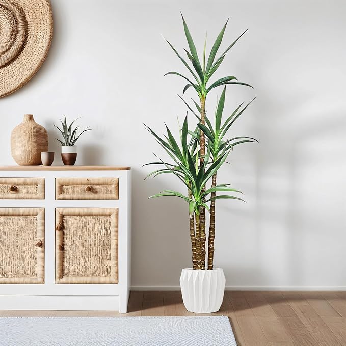 Artificial Trees 4.8Ft Faux Tree 4 Heads Agave Plants, Tall Plant Fake Plant with Plastic Pot for Home Decor, Office Decor