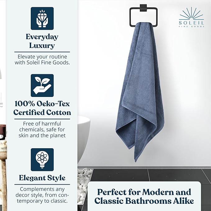 Soleil Fine Goods Luxurious 800 GSM 100% Cotton Bath Towel Set (4-Pack, 27x54) - Heavyweight & Ultra Absorbent, Plush Softness for Bathroom | Hotel & Spa Quality Luxury Towels- Blue Grey