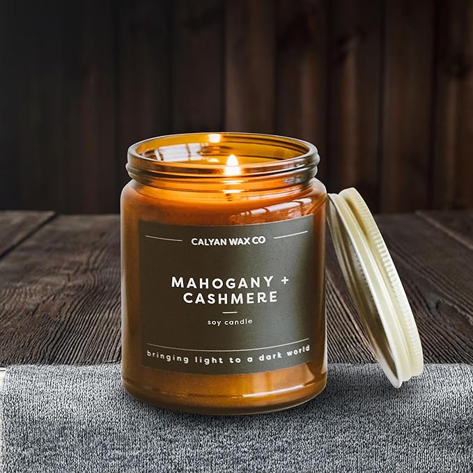 Calyan Wax Co. Mahogany & Cashmere Scented Candle - 57 Hour Burn - Luxury Non Toxic Soy Wax Candles - Long Lasting Amber Glass Jar Candle for Home - 7.2oz