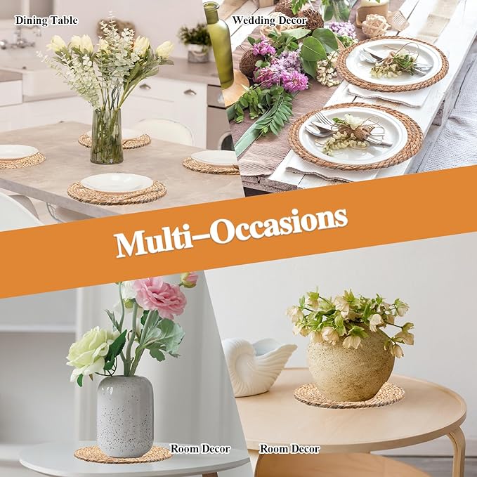 Set of 24 Round Woven Rattan Placemats, 12" Boho Farmhouse Table Mats Natural Cattail Charger Plates for Dining Table Decor Heat-Resistant Braided Place Mats