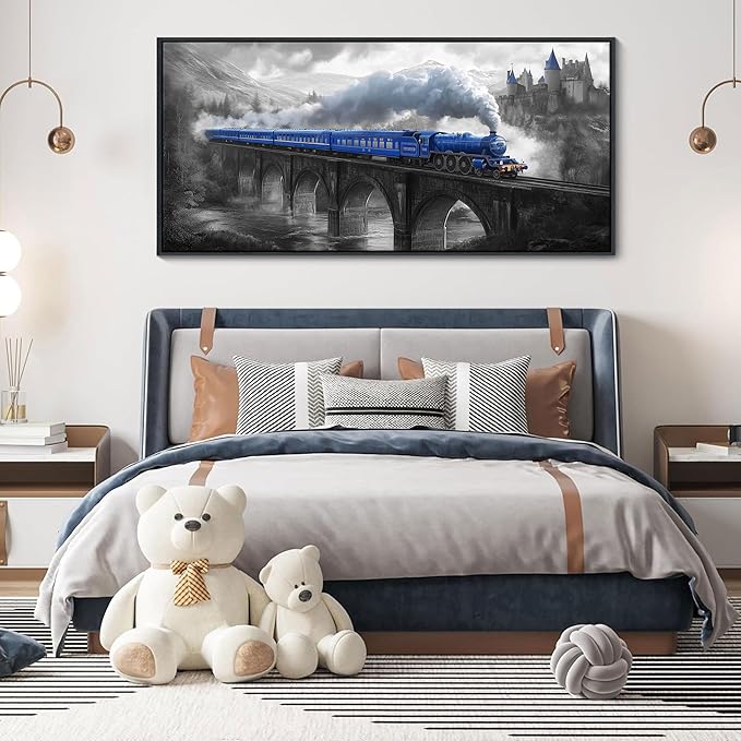 JEAWA Large Framed Canvas Wall Art - 24x48 IN Blue White Gray Landscape Wall Decor, Picture with Castle Bridge Train, Art Prints for Living Room Bedroom Bathroom Home Decoration