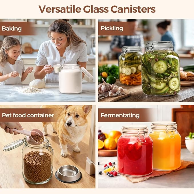 ComSaf Glass Jars with Airtight Lid 0.7 Gallon, Wide Mouth Mason Jars, Canning Jars, Large Glass Storage Containers with Lids, Flour Sugar Storage Container, Large Canister for Rice, Pickle, Set of 2