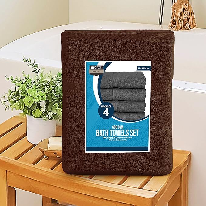 Utopia Towels 4 Pack Premium Bath Towels Set, 27 by 54 Inches, 100% Ring Spun Cotton 600GSM, Lightweight and Highly Absorbent Quick Drying Towels, Perfect for Daily Use, Dark Brown