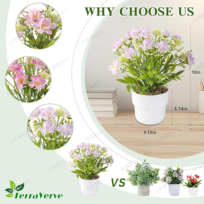 3-Piece Potted Artificial Freesia Flowers | Lifelike Indoor Plants for Home, Office, Bedroom, Bathroom Decor | Rustic Farmhouse Style Artificial Greenery