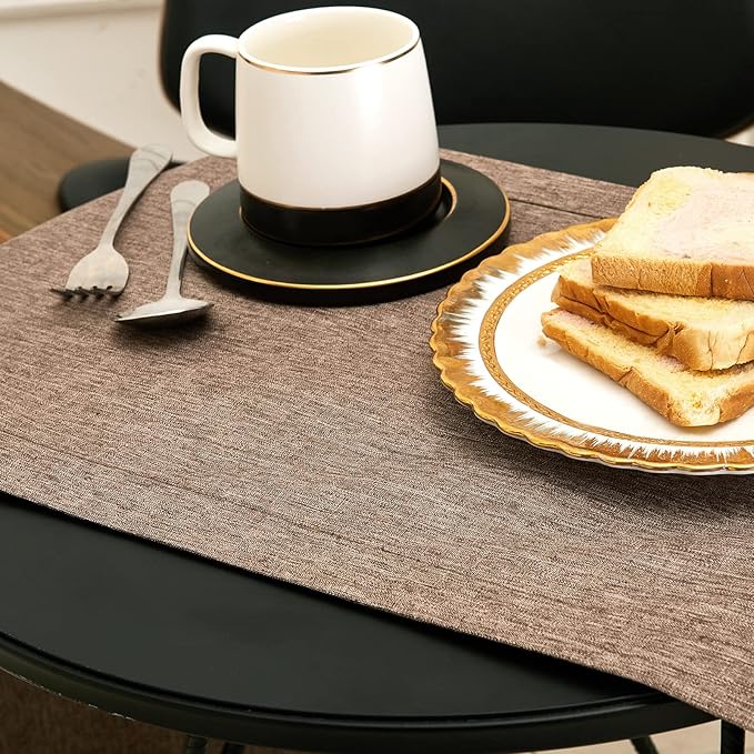 Mebakuk Linen Farmhouse Table Runner Large Burlap Style Soft and Waterproof Decorative Fabric Runner for Outdoor Wedding and Dinner (14 x 90 Inch, Flaxen)