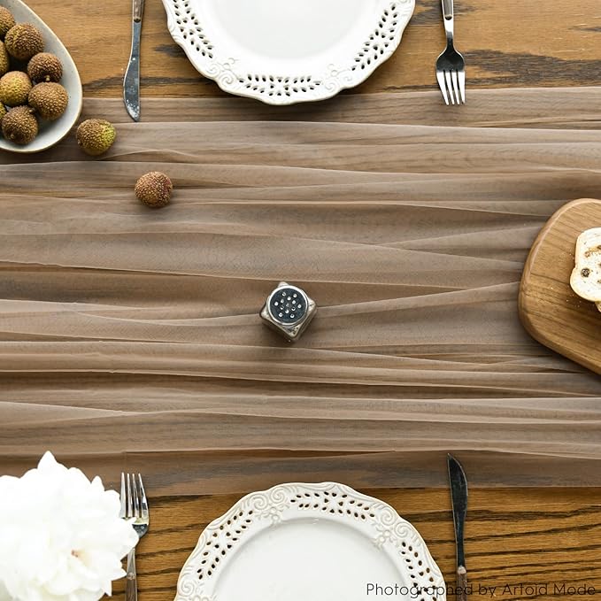 Artoid Mode Coffee Gauze Table Runner 120 Inch 10FT, Seasonal Sheer Kitchen Dining Holiday Wedding Birthday Baby Shower Table Decor for Home Party