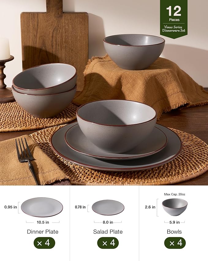 Famiware Venus Plates and Bowls Sets, 12 Pieces Stoneware Speckled Dinnerware Sets, Dishes Set for 4, Microwave and Dishwasher Safe, Matte Dark Grey