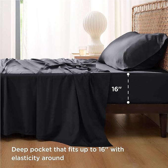 Bedsure Cooling Sheets Twin XL, Rayon Derived from Bamboo, Breathable & Soft Twin XL Sheet Sets, Deep Pocket Up to 16 Inches, Hotel Luxury Silky Dorm Bedding for Hot Sleepers, Black