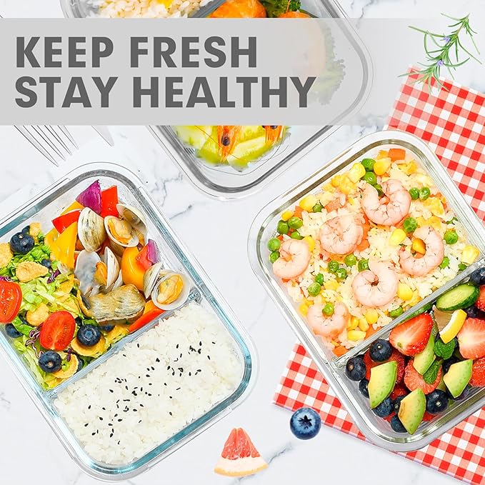 VERONES 5 Pack Glass Meal Prep Containers 2 Compartment Set, 36OZ Airtight Lunch Containers, Glass Food Storage Containers with Lids, for Microwave, Oven, Freezer & Dishwasher Friendly,White