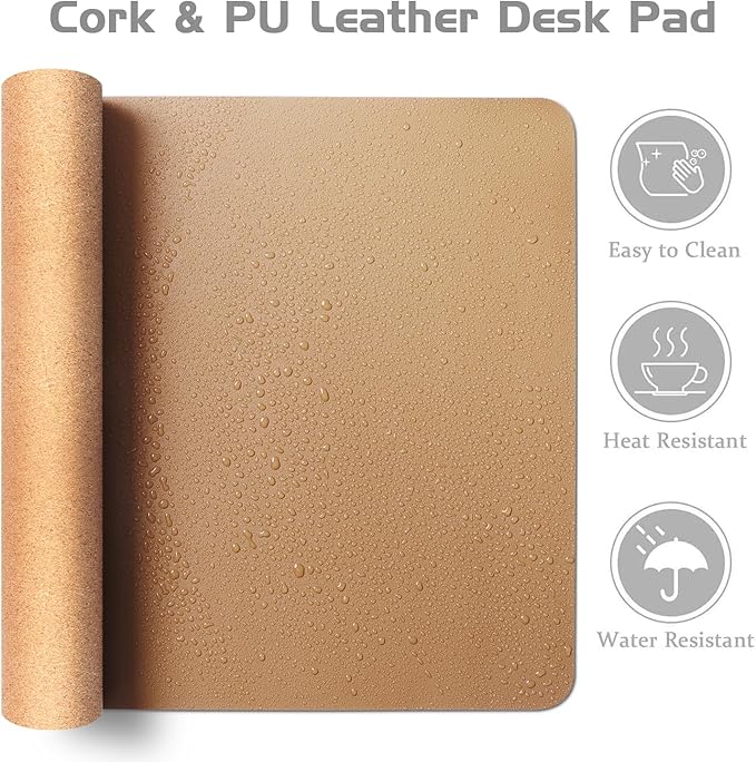 Aothia Dual-Sided Desk Mat - Leather & Cork Desk Protector, Large Mouse Pad & Writing Pad for Office/Home, Waterproof, Apricot (35.4" x 15.7")