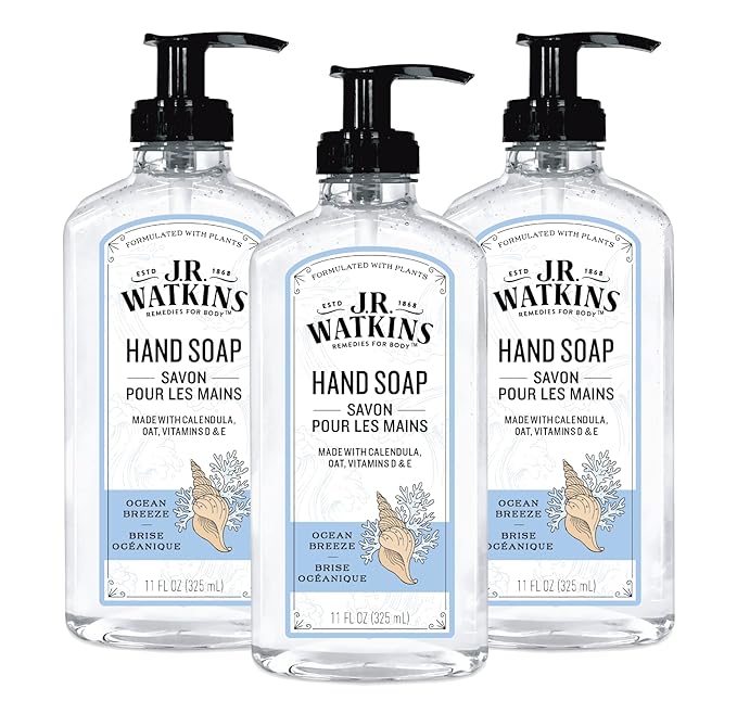 J.R. Watkins Gel Hand Soap, Scented Liquid Hand Wash for Bathroom or Kitchen, USA Made and Cruelty Free, 11 fl oz, Ocean Breeze, 3 Pack