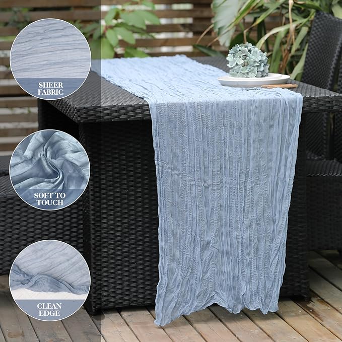 Le courant 10Ft Cheesecloth Table Runner, Rustic Boho Gauze Cheese Cloth Runner Table Runner for Weddings Bridal Baby Shower Birthday Holiday Parties Home Decor, Dusty Blue