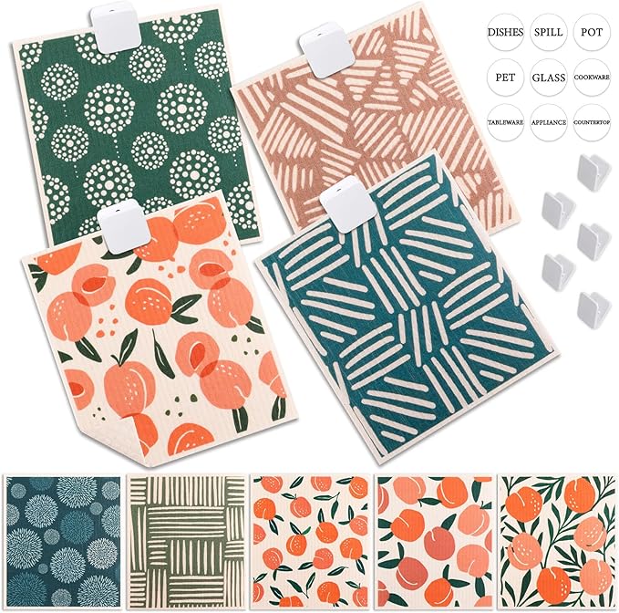 Lucomb 10 Pack Swedish Dishcloths with Hanging Clips, Reusable Swedish Dish Towels Biodegradable Cellulose Cleaning Cloths Washable Dish Wipes for Kitchen Home Office(Quick Drying & Super Absorb)