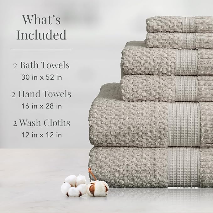NY Loft 100% Cotton Towel Set 6 Piece | Super Soft & Absorbent Quick-Dry 2 Bath Towels 2 Hand Towels and 2 Washcloths |Textured and Durable Cotton | Trinity Collection (6 Piece Set, Quiet Grey)
