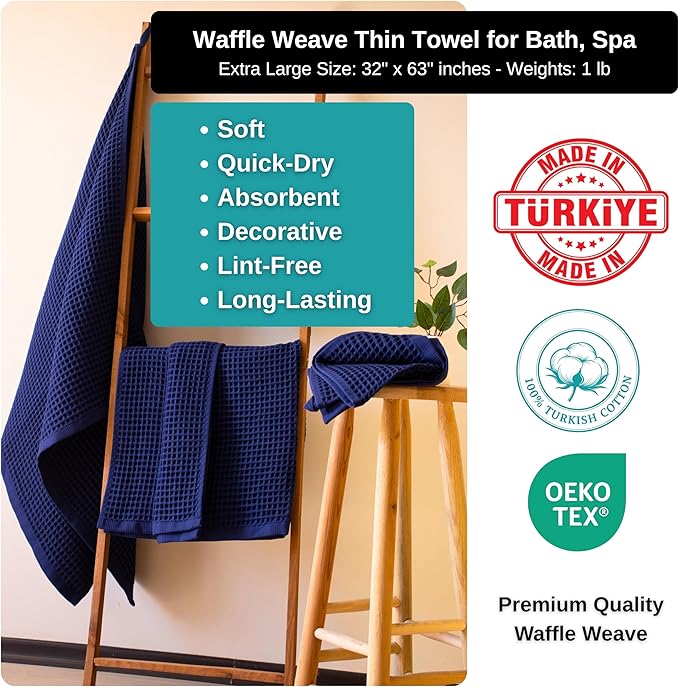 PÜSKÜL Premium Waffle Bath Towels Set of 2 - Organic 100% Turkish Cotton Bath Towel - Quick Dry, Absorbent, Light, Thin, 32x63 Large Waffle Towels for Bathroom (Navy Blue Bath Towels - Pack of 2)