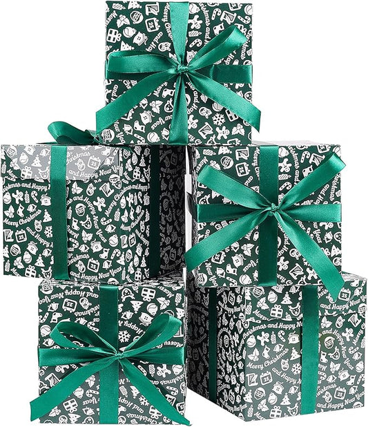 Jaywayang 5 Pack Green Christmas Gift Boxes with Lids, Ribbons and Tissue Papers Square Gift Boxes - 7.1 Inch - Presents Wrapping Christmas Gift Holiday New Year Party Favor Boxes.