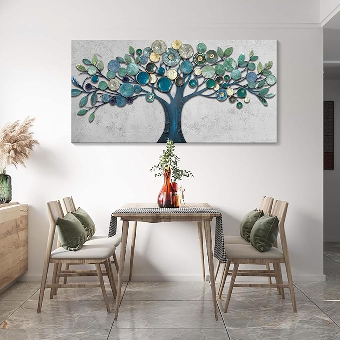 CHATYOUNG Wall Art Living Room - Large Teal Blue Tree of Life Abstract Landscape Painting Modern Print Artwork for Dining Room Bedroom Bathroom Office Home Decor 48"x24"