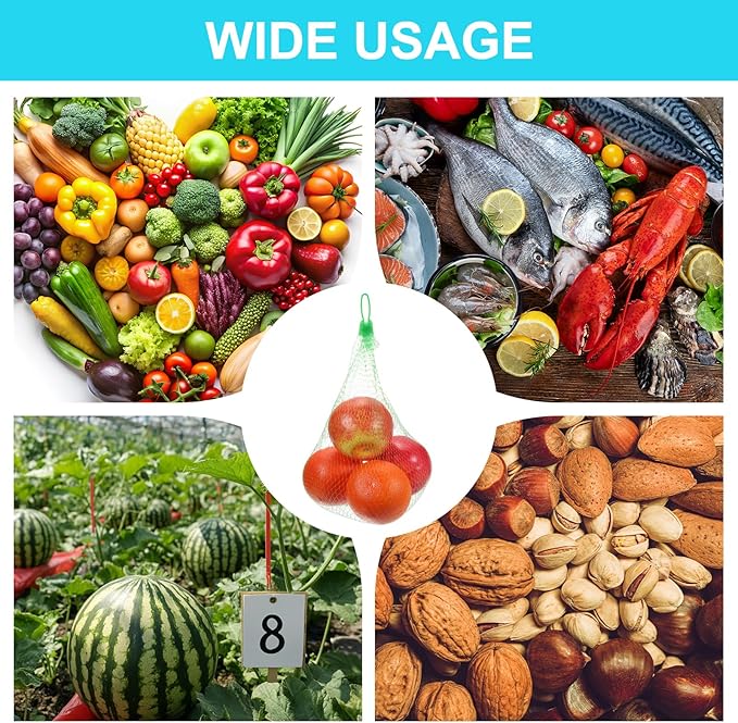 uxcell 100 Pcs Reusable Mesh Produce Bags, 40cm/16 Inch Washable Net Storage Bags Reusable Grocery Reusable Storage Bags with Plastic Buckle for Fresh Fruit Vegetables Seafood, Green