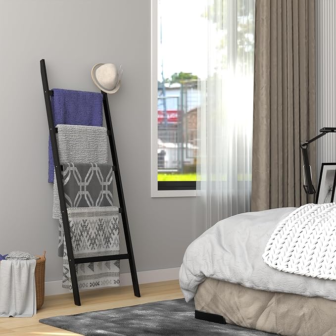 Blanket Ladder, Bamboo 5-Layer Towel Racks, Blanket Quilt Towel Holder Rack Decorative Ladder, Easy Assembly, Rustic Farmhouse Ladder Shelf for Living Room, Bedroom, Bathroom, Home Decor, Black