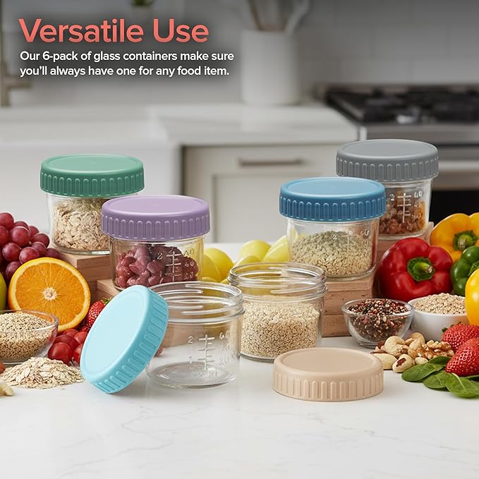 Stock Your Home Glass Bariatric Portion Control Containers (6 Pack), 4 oz Mini Food Storage Jars with Leakproof Lids, Color Coded Meal Prep Containers for Bariatric Meals, Snacks and Baby Food