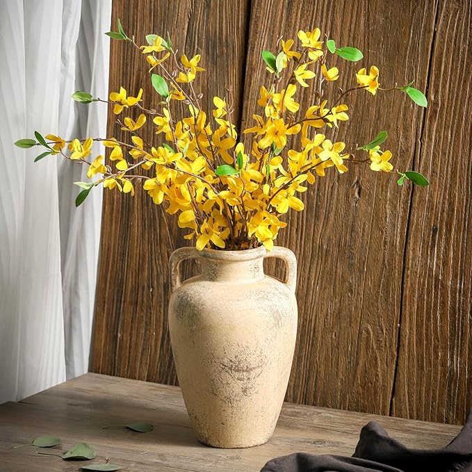 Ceramic Rustic Vase for Flower, 8.85 inch Tall Terracotta Christmas Vases with 2 Handles, Farmhouse Vase for Home Decor, Living Room Shelf Decor, Enterway, Table, Lyeec