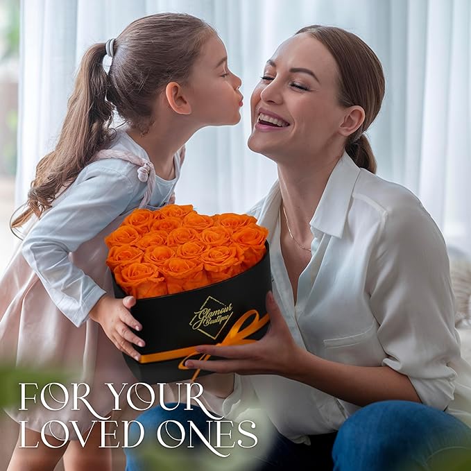 GLAMOUR BOUTIQUE 16 Flower Forever Heart Shape Box - Preserved Roses Gift for Her, Preserved Flowers, Orange